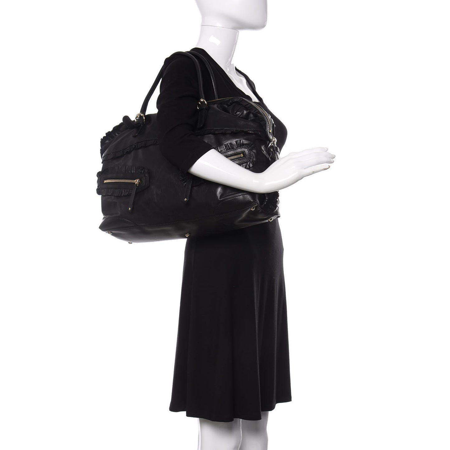 Calfskin Ruffle Medium Sabrina Boston Tote Black