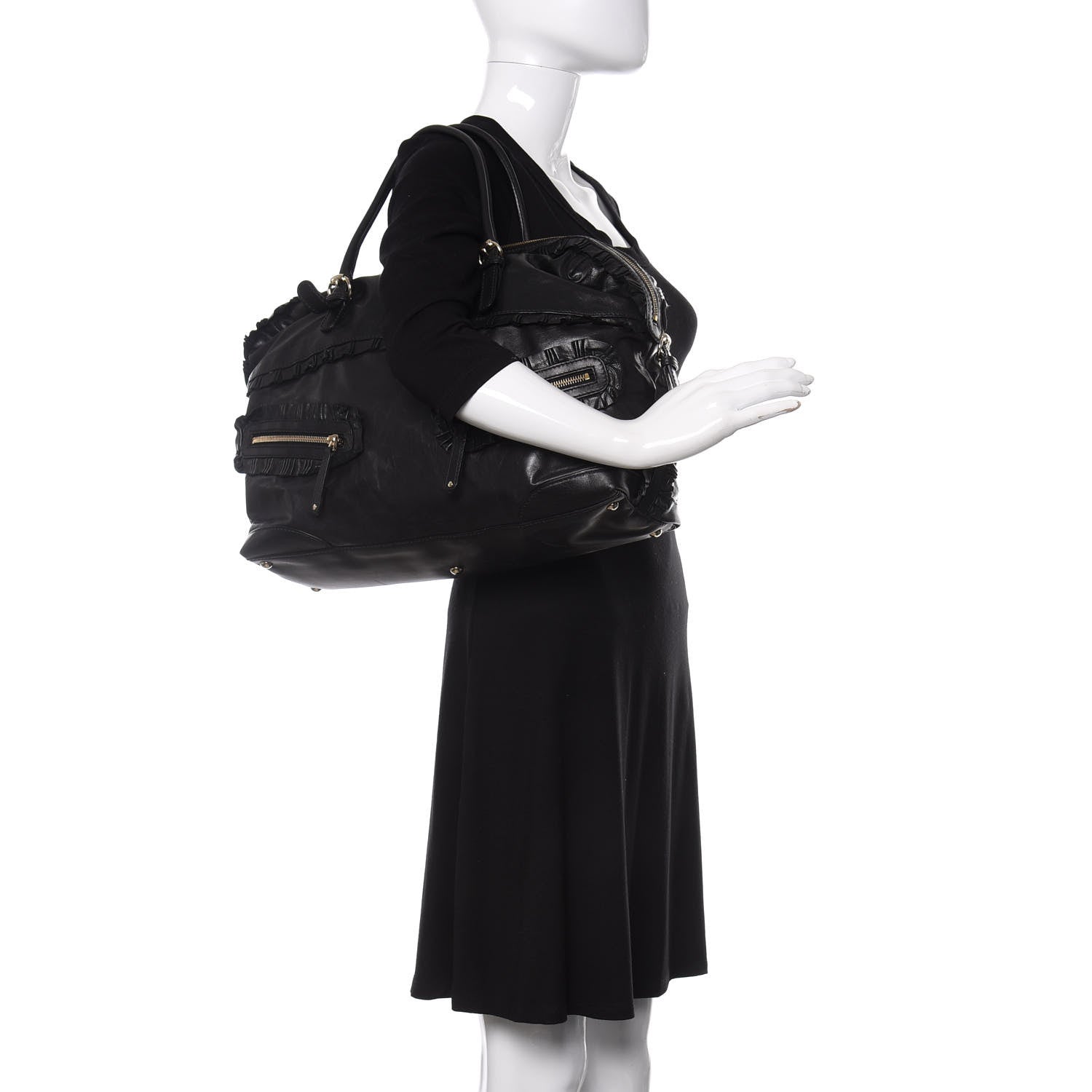 Gucci Calfskin Ruffle Medium Sabrina Boston Tote Black 2 of 11