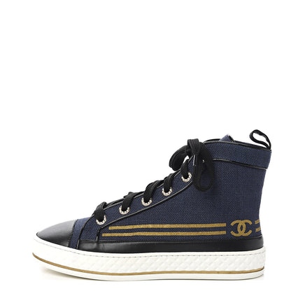 Chanel Fabric Lambskin Lace Up Cap Toe Sneakers 36 Navy Black 1 of 9