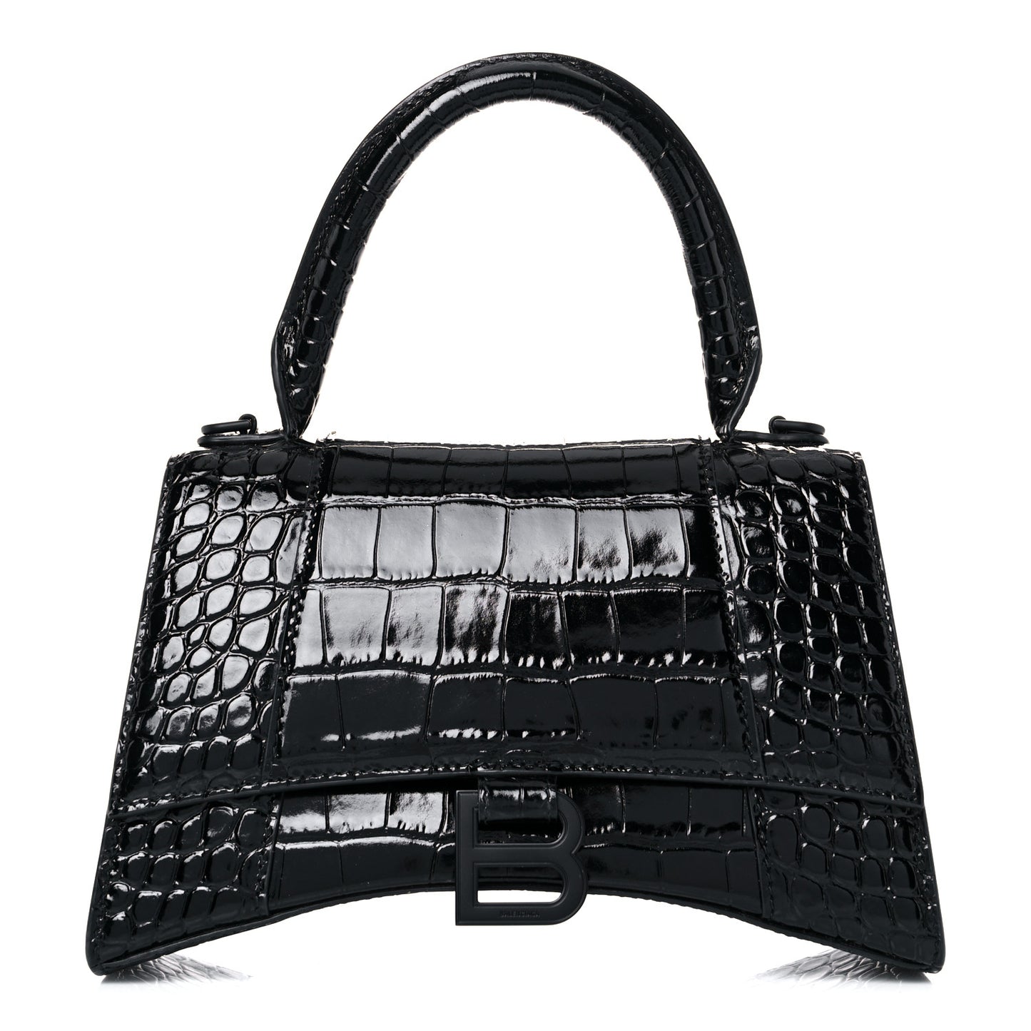 Shiny Calfskin Monochrome Crocodile Embossed Small Hourglass Top Handle Bag Black
