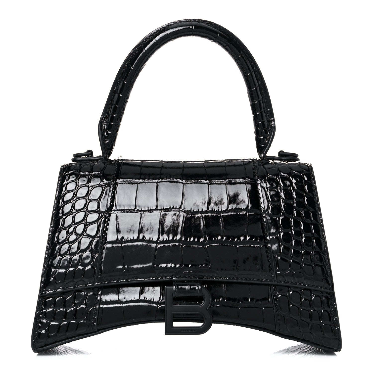 Balenciaga Shiny Calfskin Monochrome Crocodile Embossed Small Hourglass Top Handle Bag Black 1 of 19