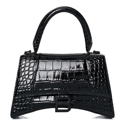 Balenciaga Shiny Calfskin Monochrome Crocodile Embossed Small Hourglass Top Handle Bag Black 1 of 19