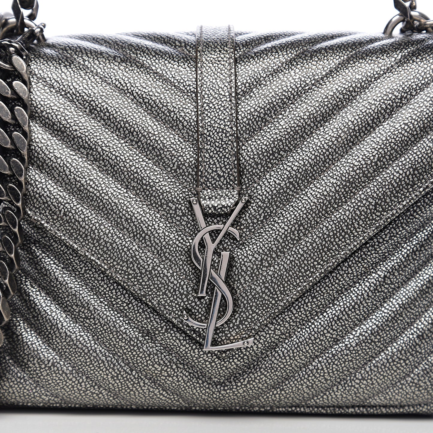 Metallic Grain De Poudre Matelasse Chevron Monogram Medium College Bag Gunmetal