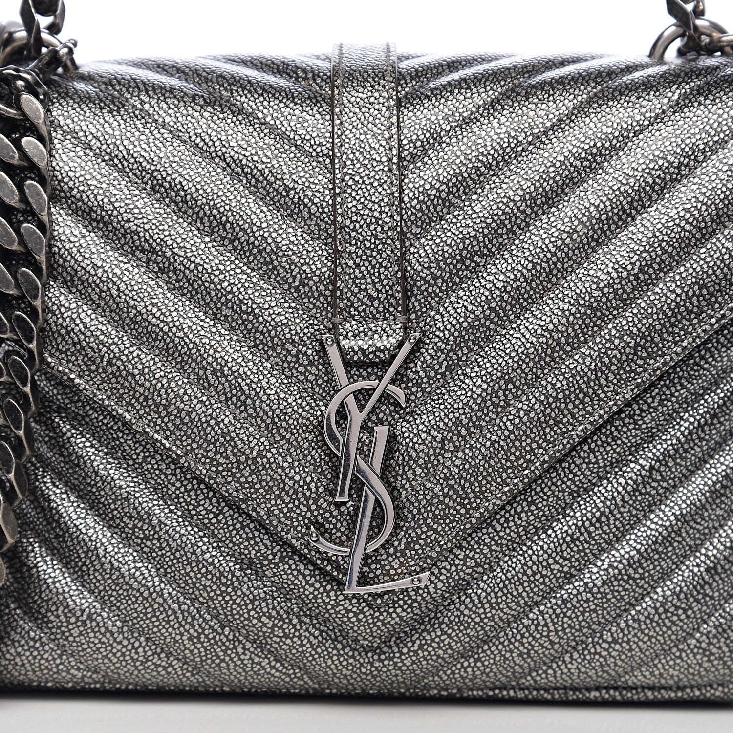 Saint Laurent Metallic Grain De Poudre Matelasse Chevron Monogram Medium College Bag Gunmetal 9 of 9