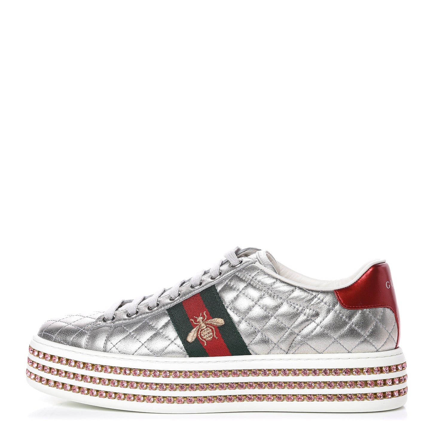 Laminated Nappa Crystal Web Bee Embroidered Trapuntata Womens Ace Platform Sneakers 38.5 Argento