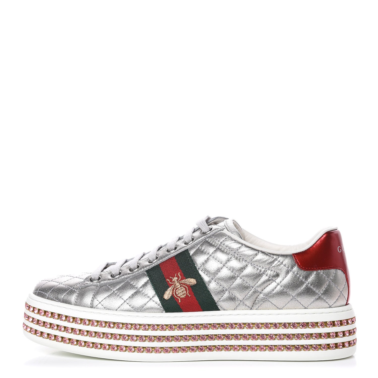Gucci Laminated Nappa Crystal Web Bee Embroidered Trapuntata Womens Ace Platform Sneakers 38.5 Argento 1 of 7