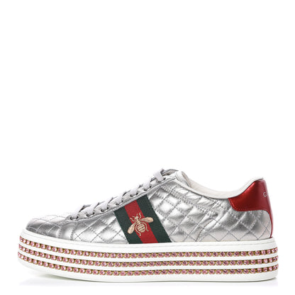 Gucci Laminated Nappa Crystal Web Bee Embroidered Trapuntata Womens Ace Platform Sneakers 38.5 Argento 1 of 7