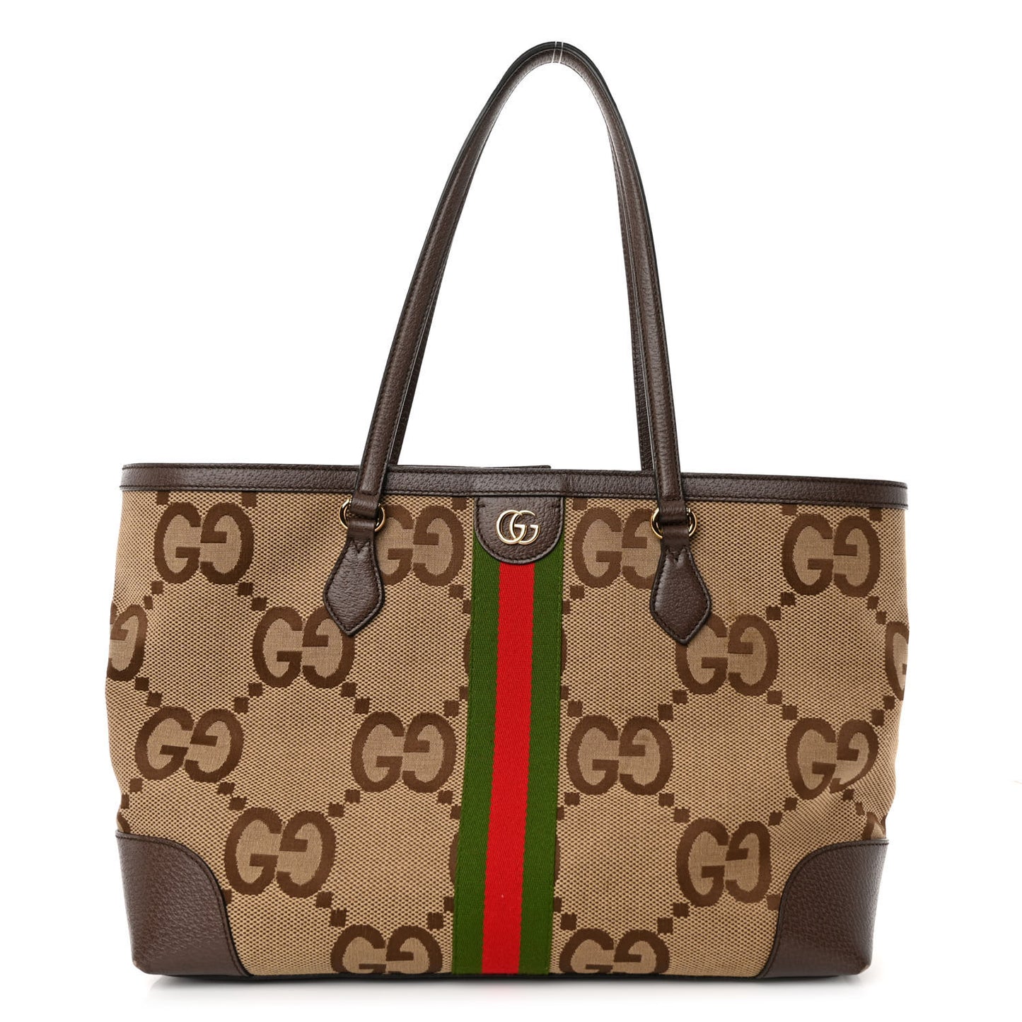 Monogram Jumbo GG Textured Dollar Calfskin Web Medium Ophidia Shopping Tote Camel Ebony