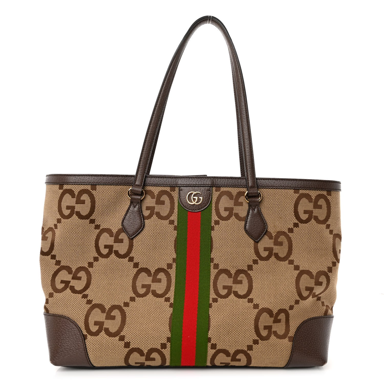 Gucci Monogram Jumbo GG Textured Dollar Calfskin Web Medium Ophidia Shopping Tote Camel Ebony 1 of 9