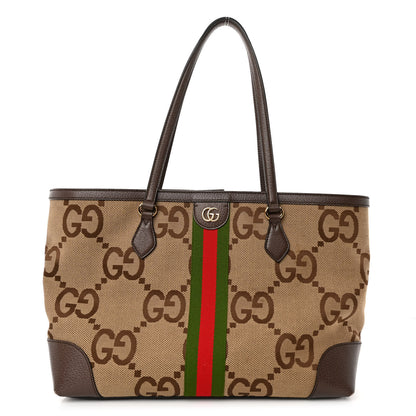 Gucci Monogram Jumbo GG Textured Dollar Calfskin Web Medium Ophidia Shopping Tote Camel Ebony 1 of 9