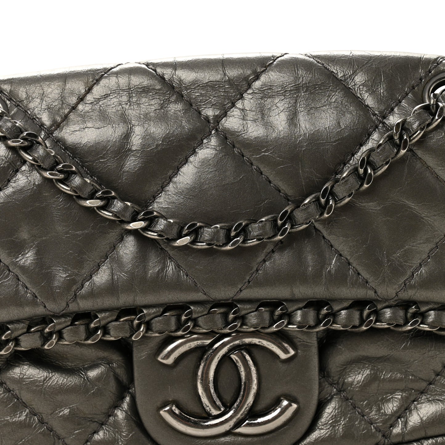 Metallic Aged Calfskin Mini Chain Me Flap Pewter