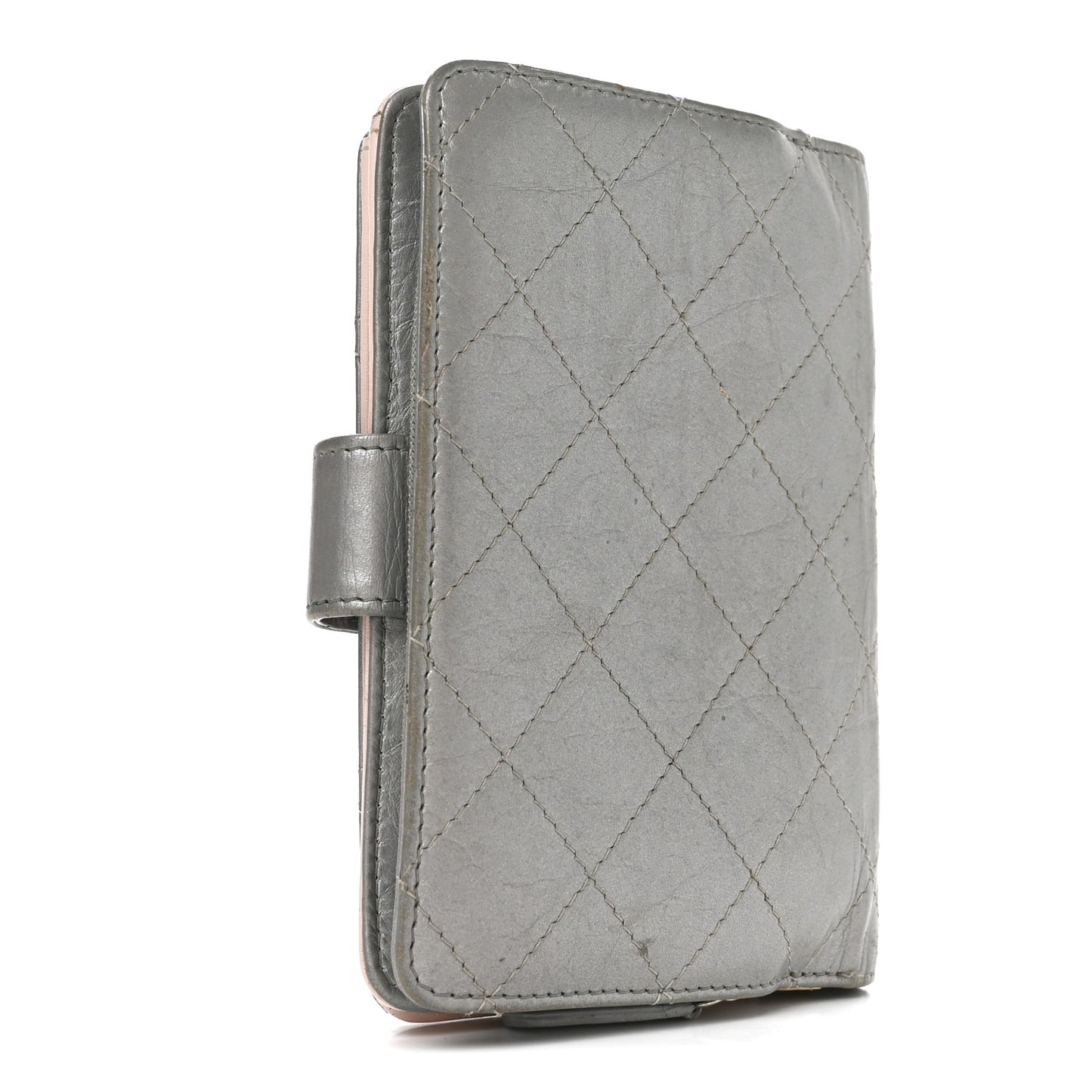 Metallic Aged Calfskin Quilted Palette Flap Wallet Silver