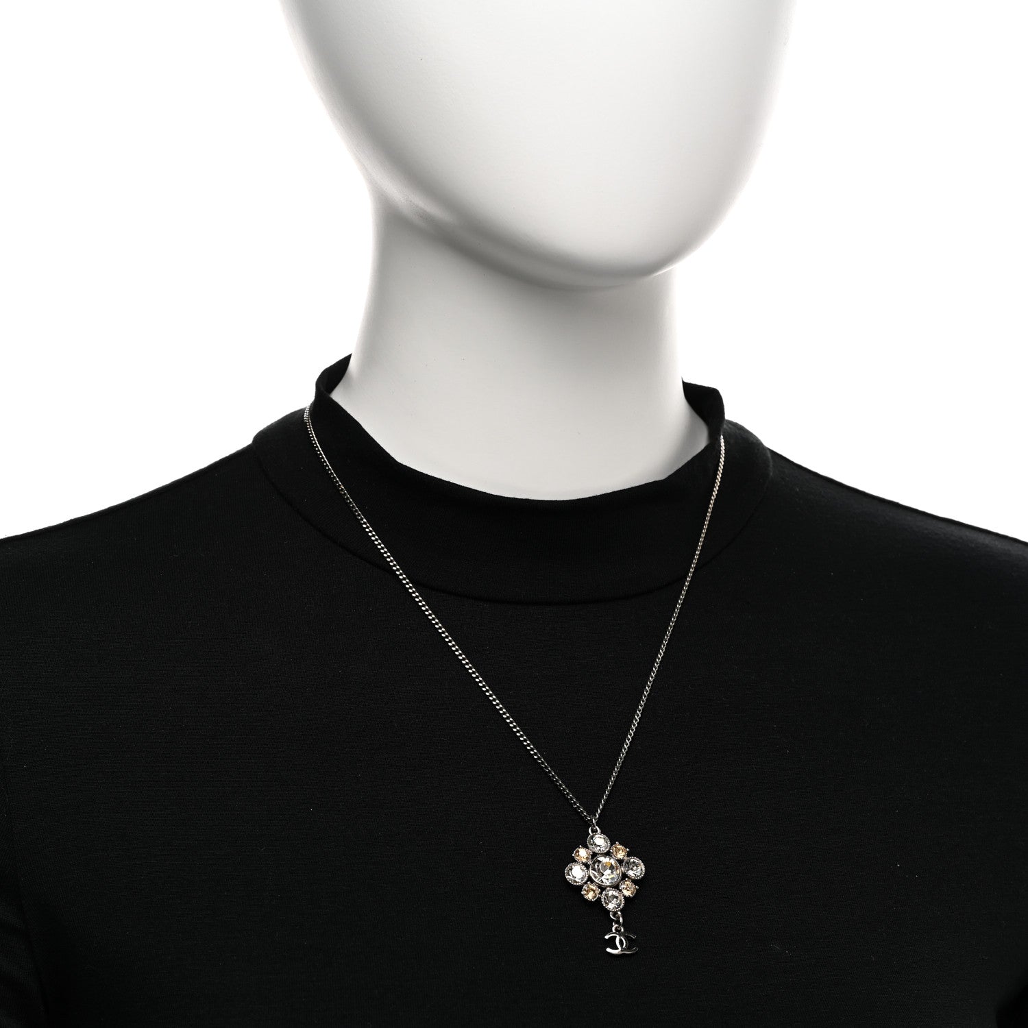 Chanel Crystal CC Drop Pendant Necklace Silver 2 of 6