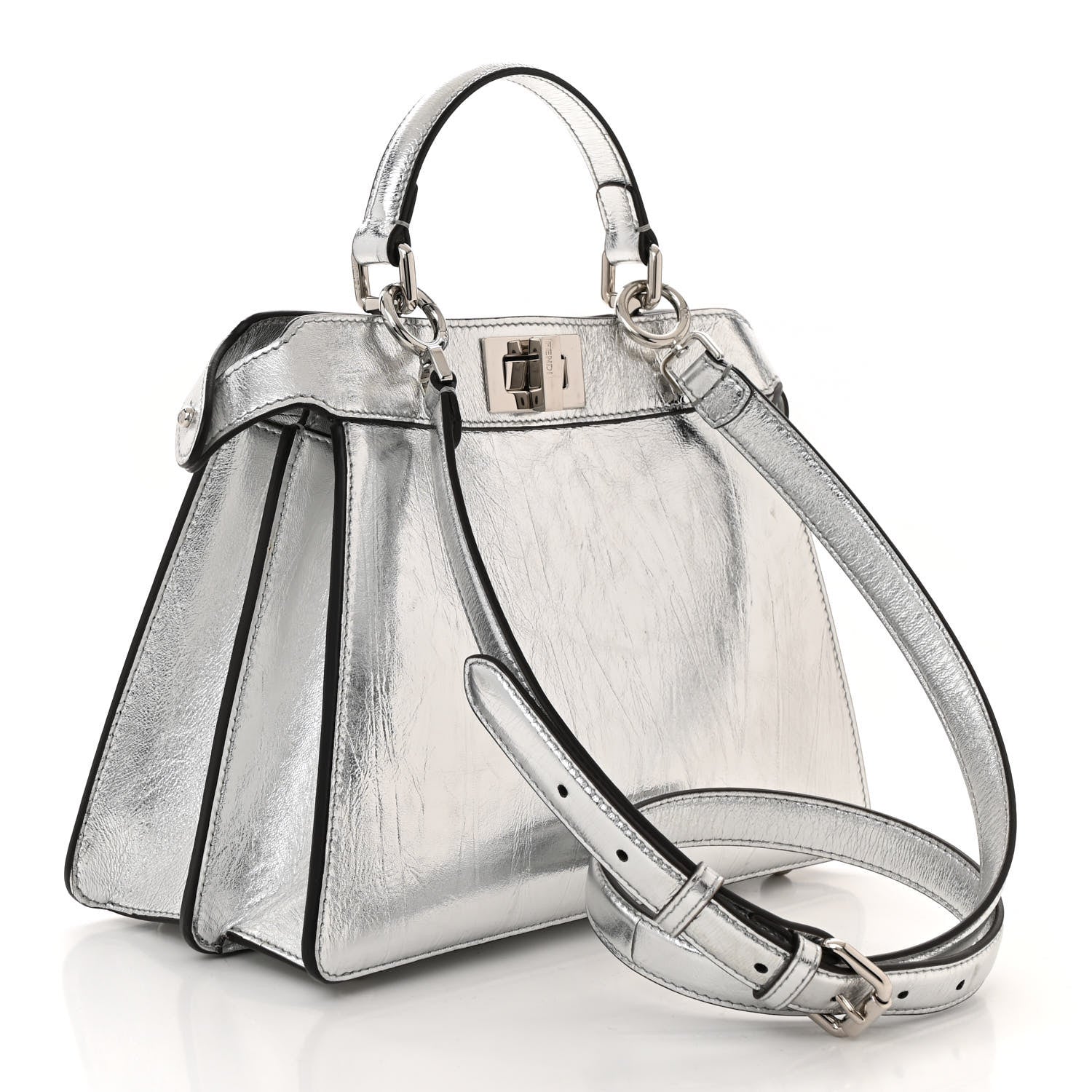 Fendi Rock Millenium Laminata Small Peekaboo I SEE U Satchel Argento 3 of 11