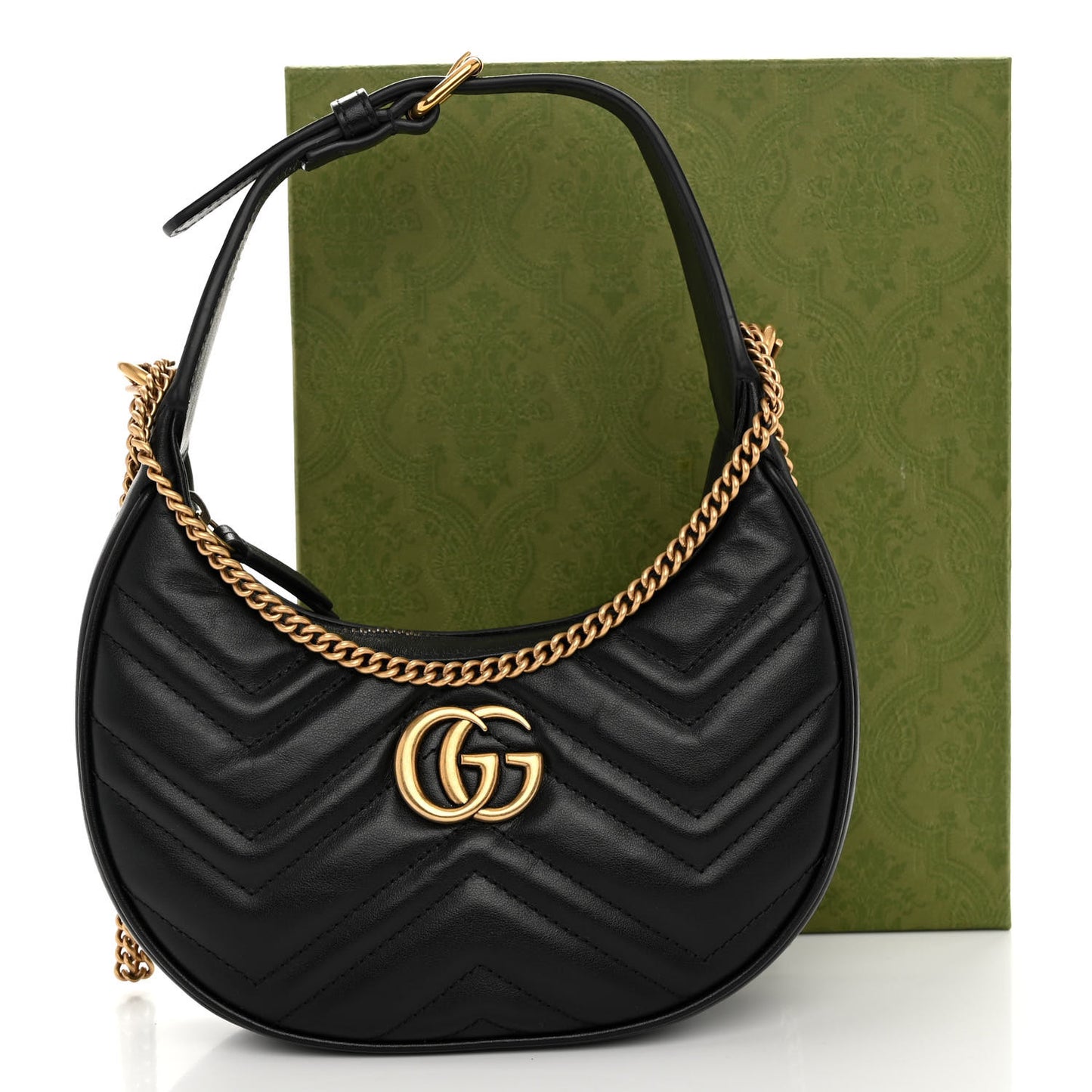 Calfskin Matelasse Chevron Mini GG Marmont Half Moon Hobo Black