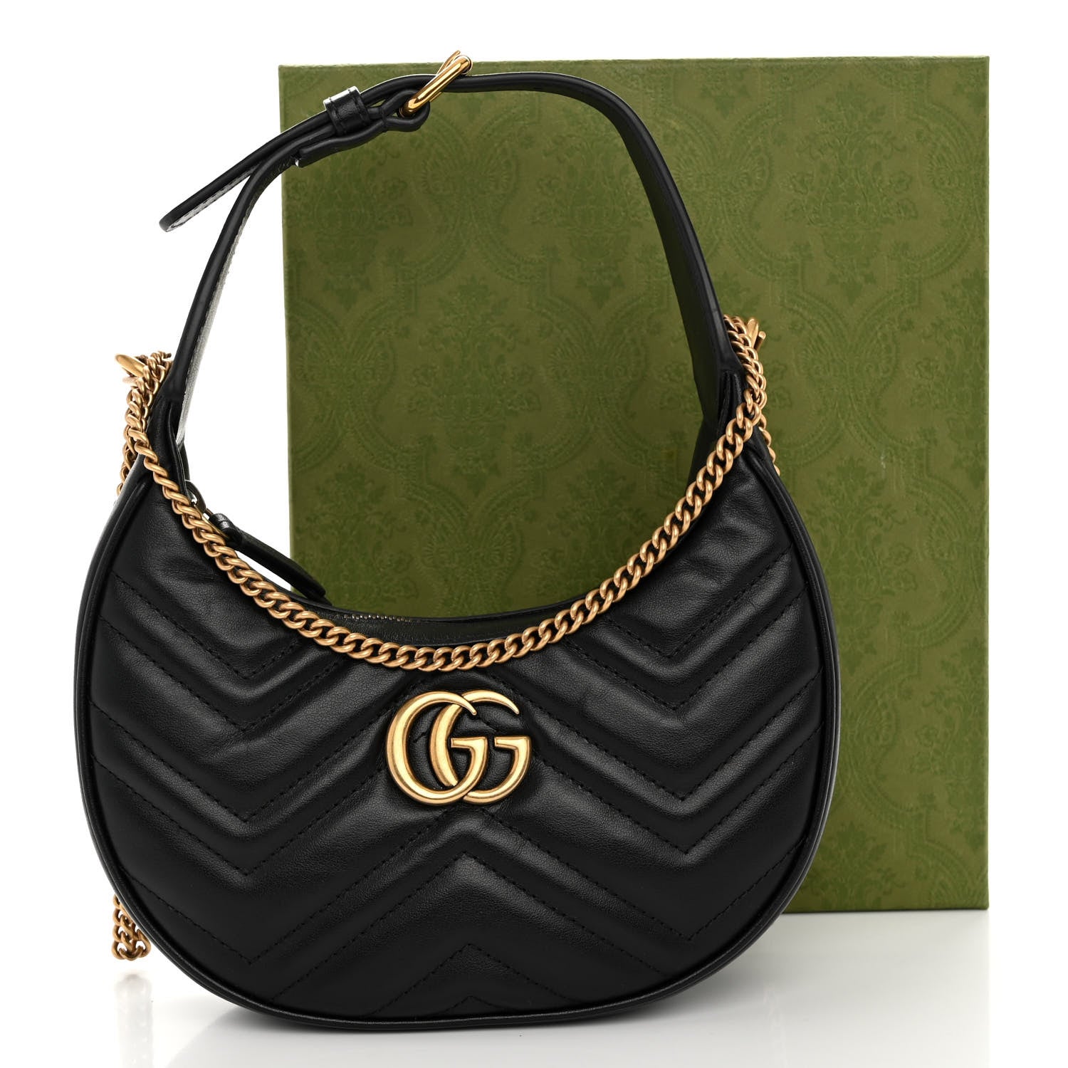Gucci Calfskin Matelasse Chevron Mini GG Marmont Half Moon Hobo Black 11 of 11