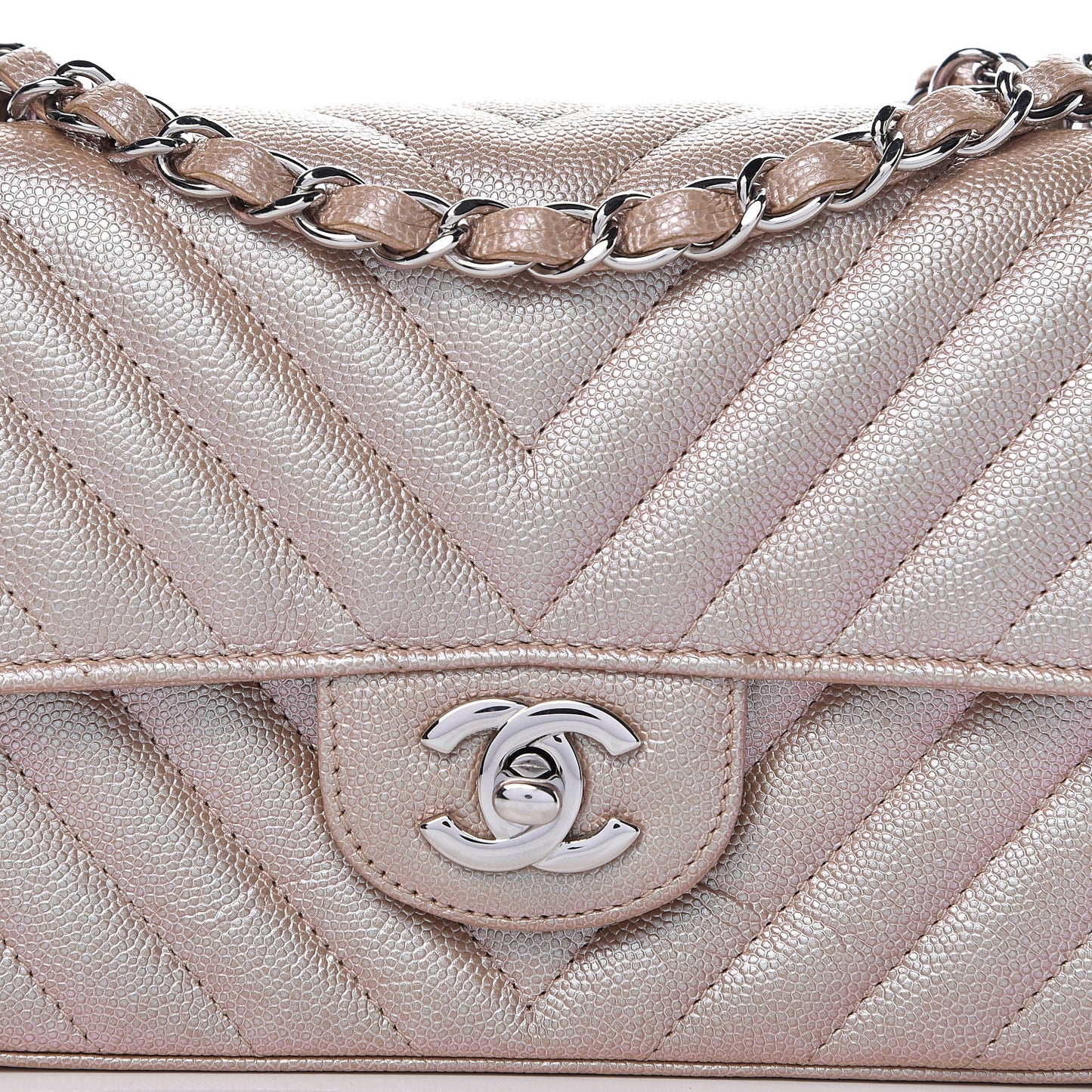 Iridescent Caviar Chevron Quilted Mini Rectangular Flap Light Gold