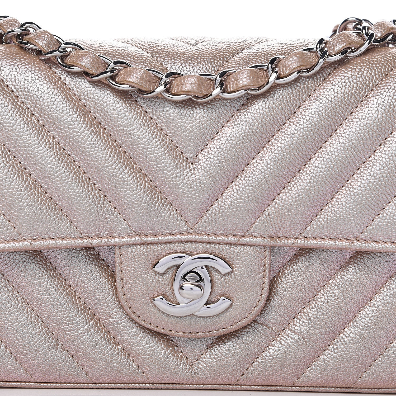 Chanel Iridescent Caviar Chevron Quilted Mini Rectangular Flap Light Gold 9 of 13