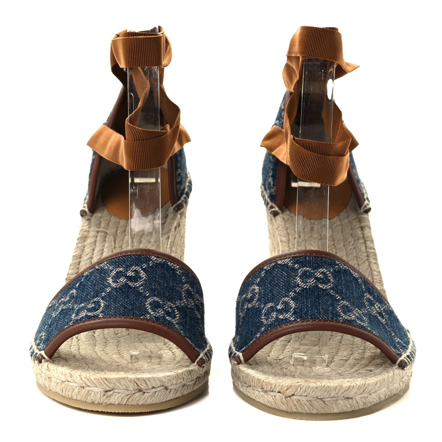 Denim GG Monogram Ankle Wrap Platform Espadrille Wedges 38.5 Blue Tea Cuir