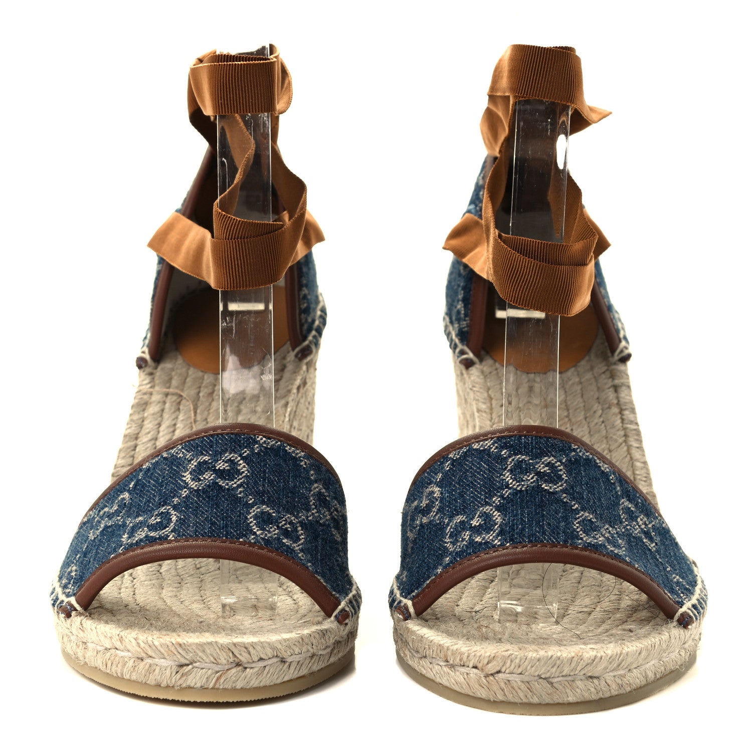 Gucci Denim GG Monogram Ankle Wrap Platform Espadrille Wedges 38.5 Blue Tea Cuir 3 of 14