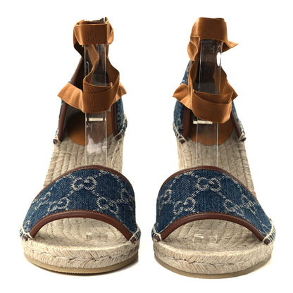 Gucci Denim GG Monogram Ankle Wrap Platform Espadrille Wedges 38.5 Blue Tea Cuir 3 of 14