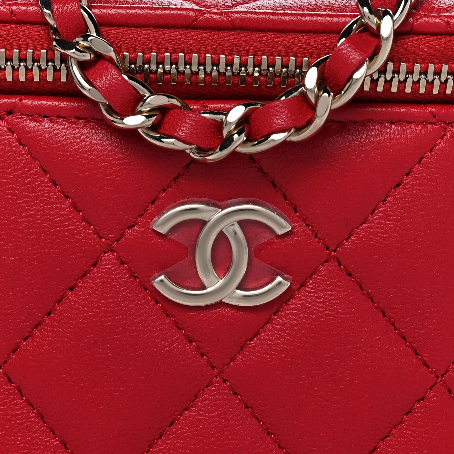 Lambskin Quilted Top Handle Mini Vanity Case With Chain Red
