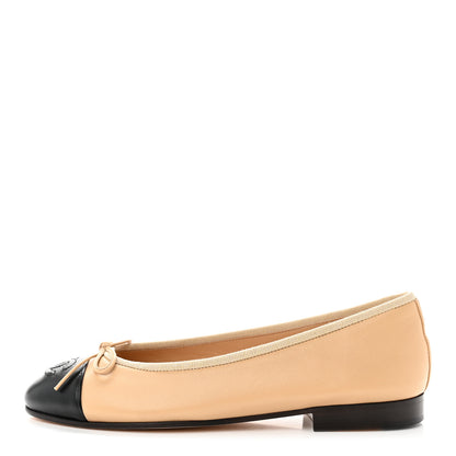 Chanel Lambskin Cap Toe CC Ballerina Flats 35 Beige Black 1 of 8