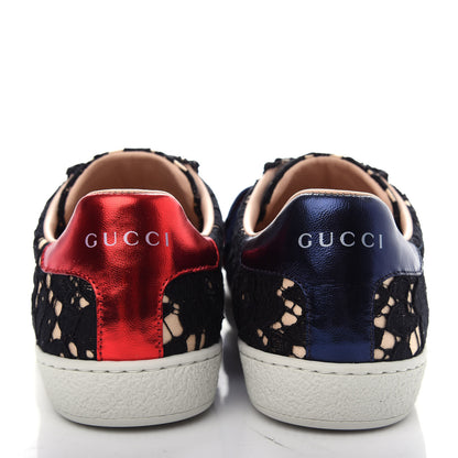Gucci Lace Crystal Sylvie Web Flower Leaf Womens Ace Sneakers 35.5 Black Tan Beige 7 of 11