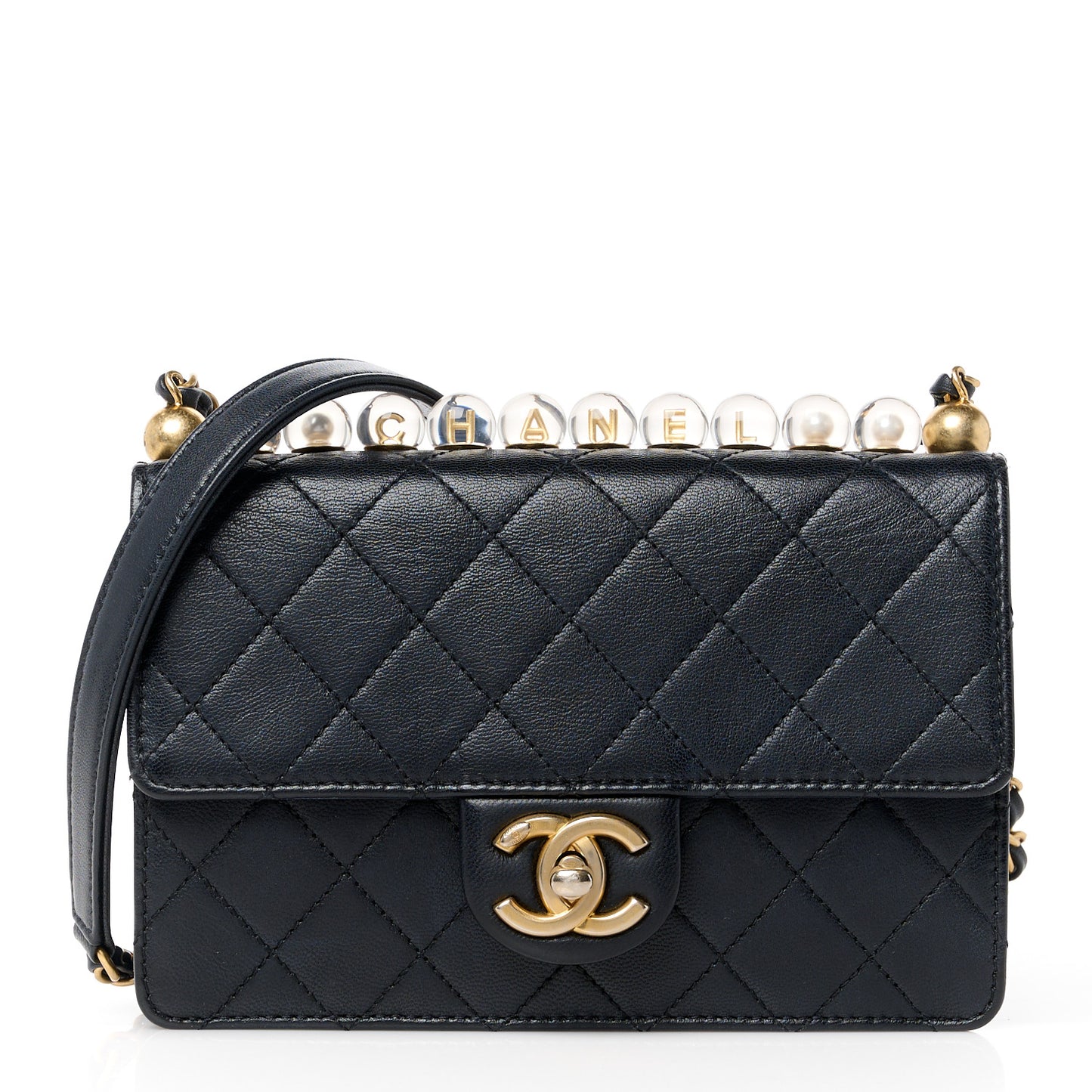Lambskin Quilted Small Chic Pearls Flap Black
