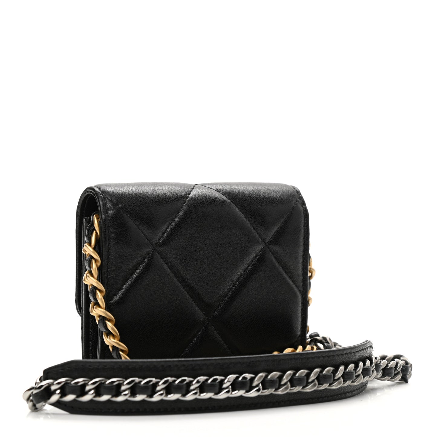Lambskin Quilted Chanel 19 Flap Coin Purse With Chain Black