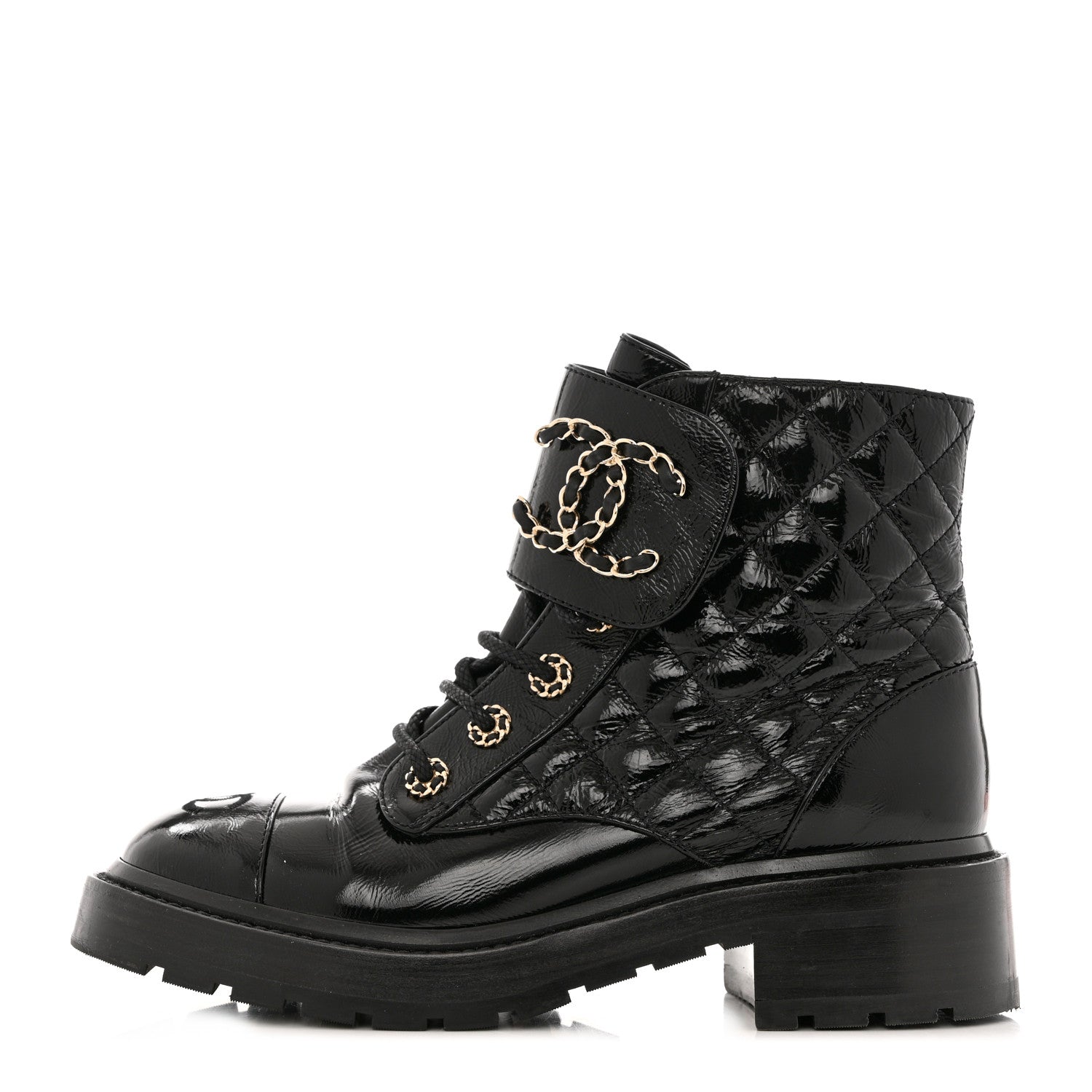 Chanel Shiny Goatskin Calfskin Quilted Lace Up Combat Boots 38 Black 1 of 10