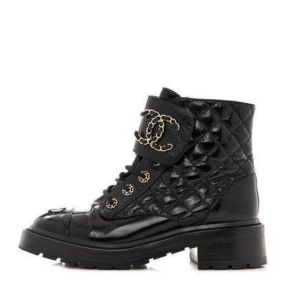 Chanel Shiny Goatskin Calfskin Quilted Lace Up Combat Boots 38 Black 1 of 10