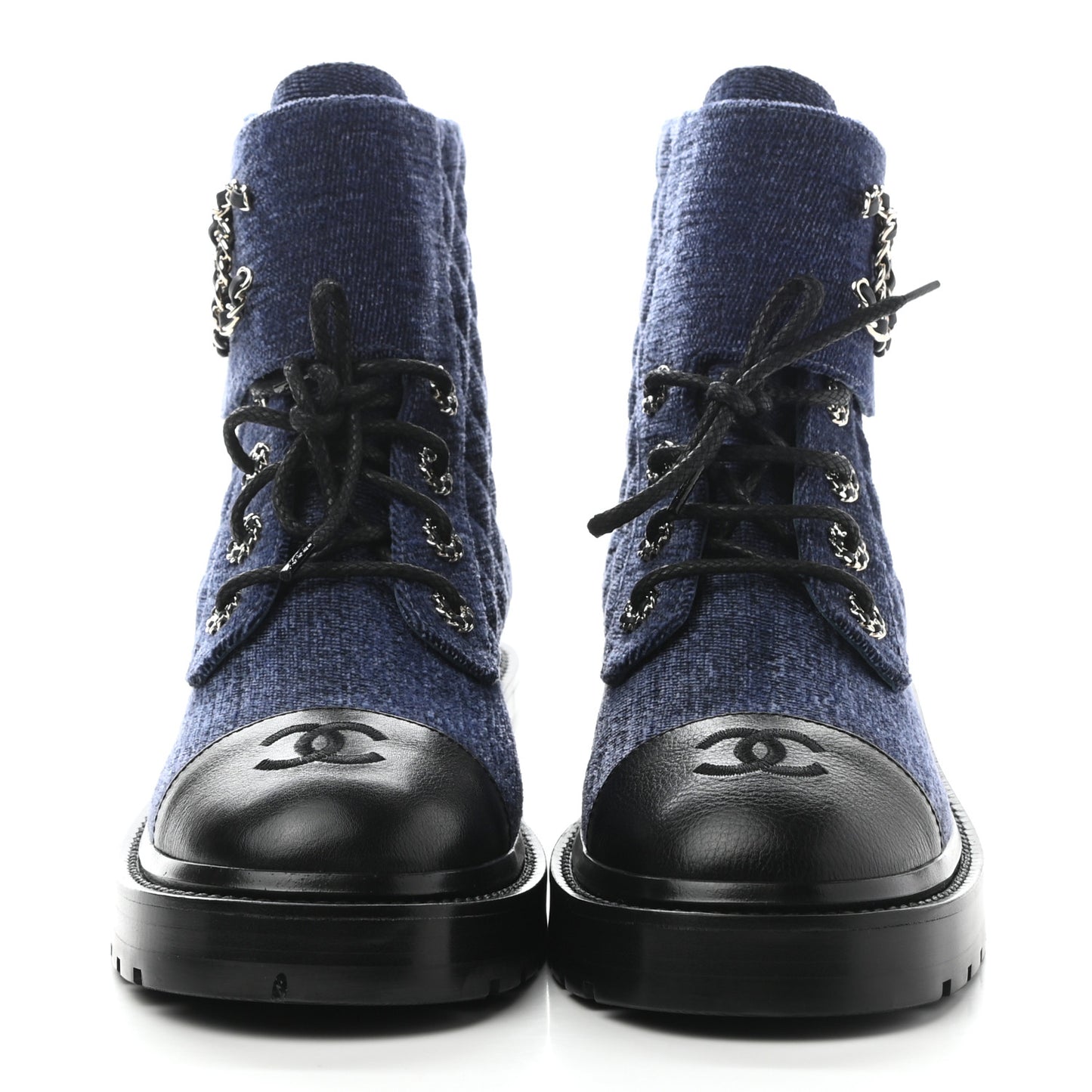 Denim Calfskin Quilted Lace Up Combat Boots 39 Blue