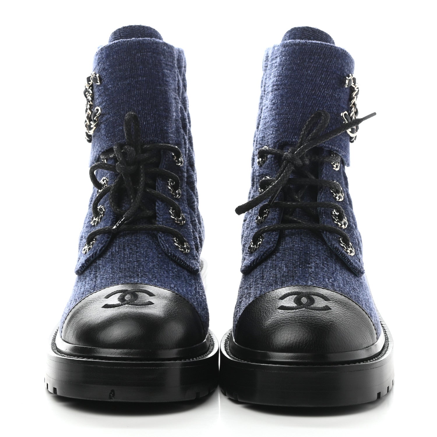 Chanel Denim Calfskin Quilted Lace Up Combat Boots 39 Blue 2 of 9