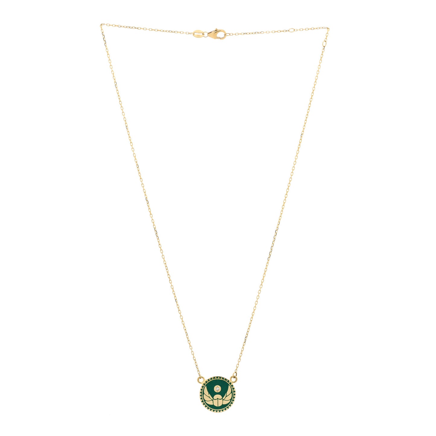 18K Yellow Gold Diamond Enamel Petite Champleve Protection Stationary Necklace Green