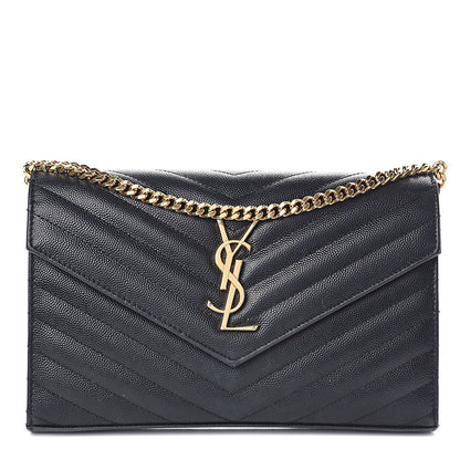 Saint Laurent Grain De Poudre Matelasse Chevron Monogram Chain Wallet Black 1 of 23