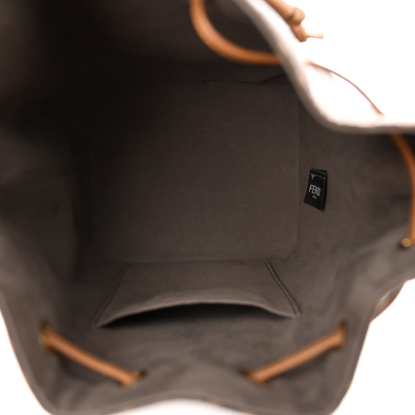 Glazed Fabric Vitello Grace F is Fendi FF 1974 Stamp Patch Grande Mon Tresor Bucket Bag Mogano Panna Nocciola