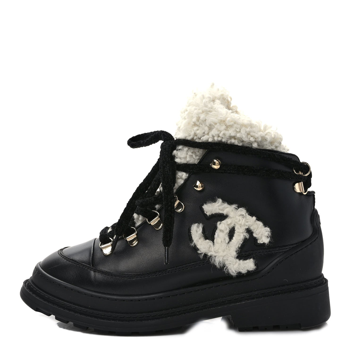 Chanel Calfskin Shearling CC Lace Up Boots 37 Black 1 of 10