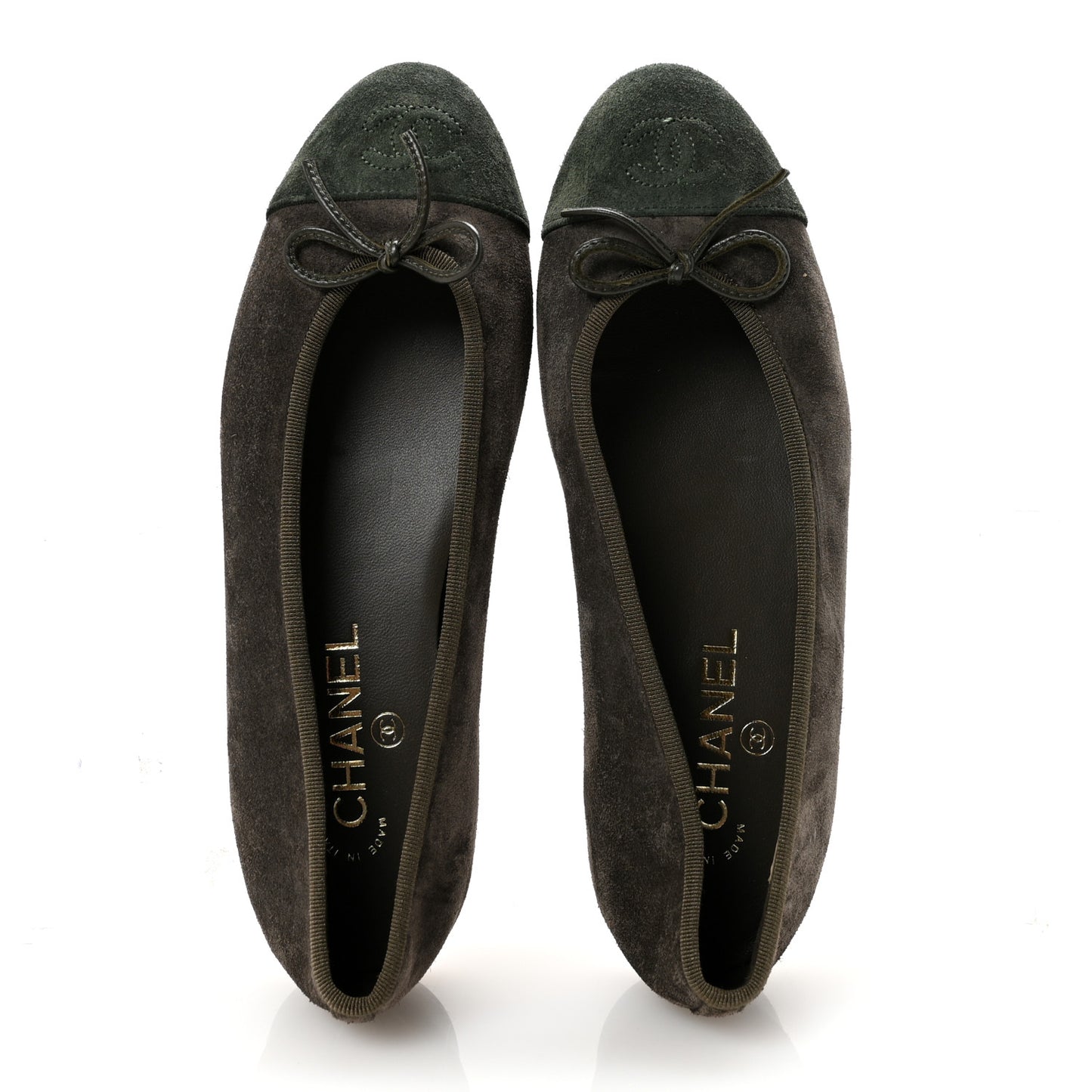 Suede Calfskin Cap Toe CC Ballerina Flats 38.5 Dark Khaki Dark Green