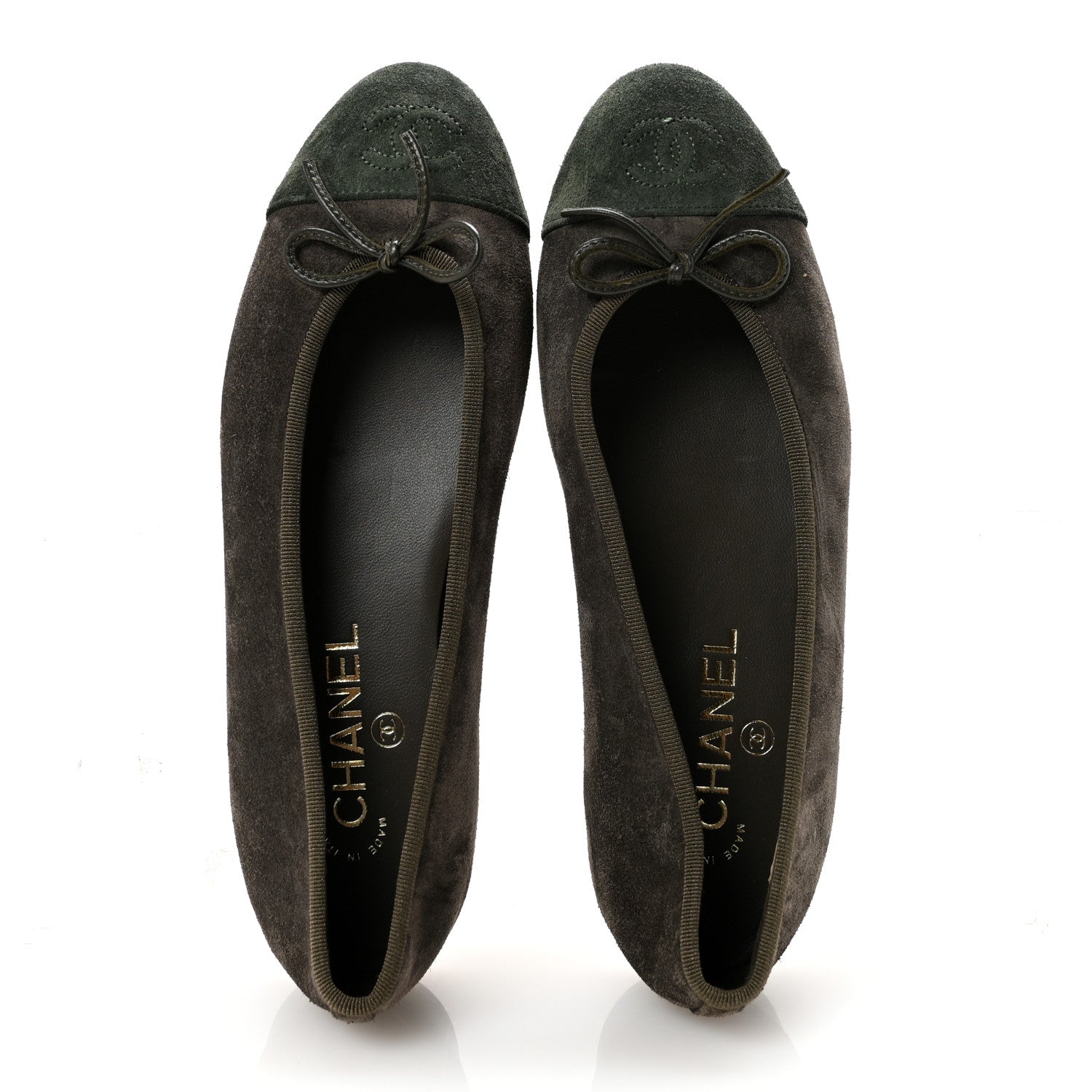 Chanel Suede Calfskin Cap Toe CC Ballerina Flats 38.5 Dark Khaki Dark Green 2 of 9