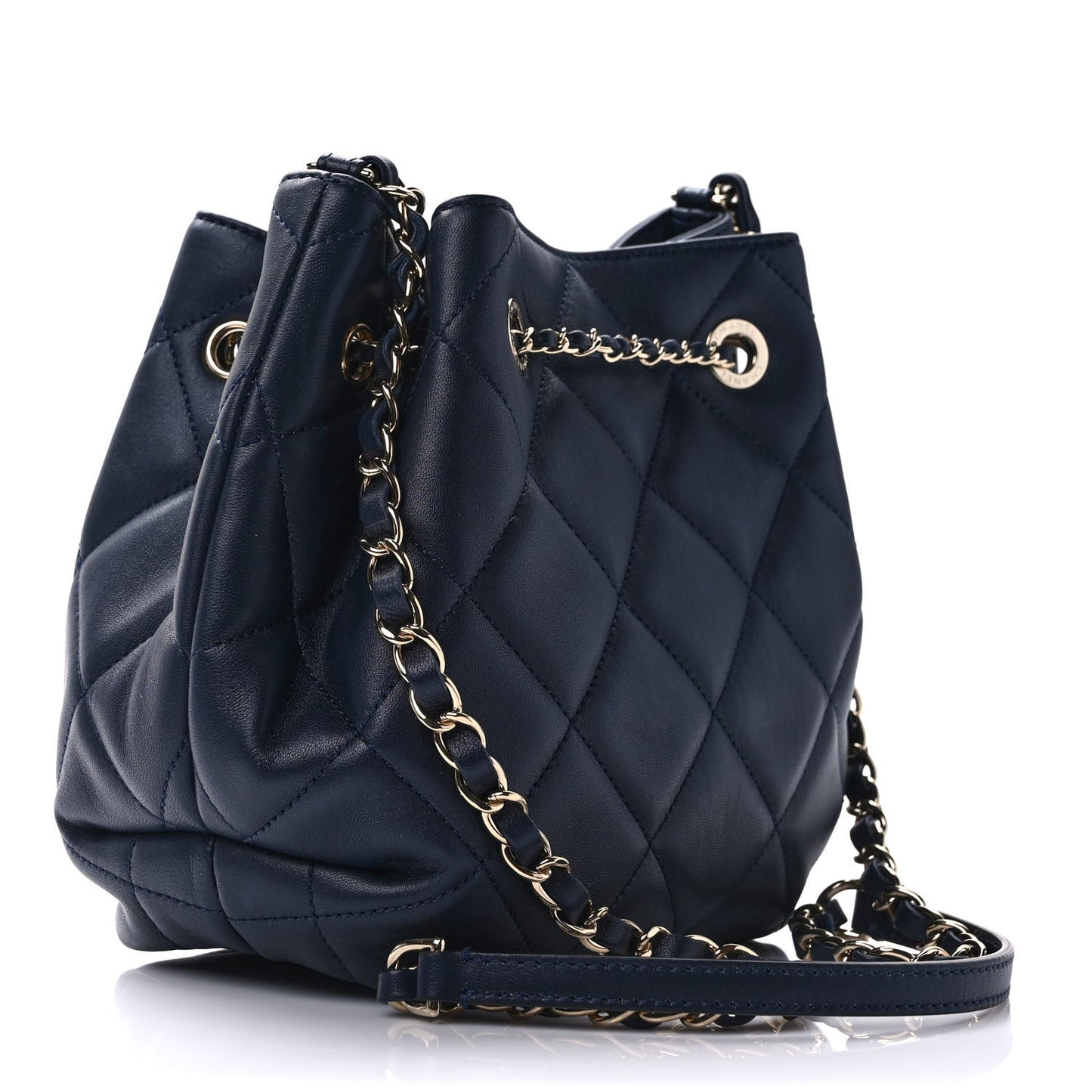 Lambskin Quilted CC Dweller Drawstring Bucket Bag Navy