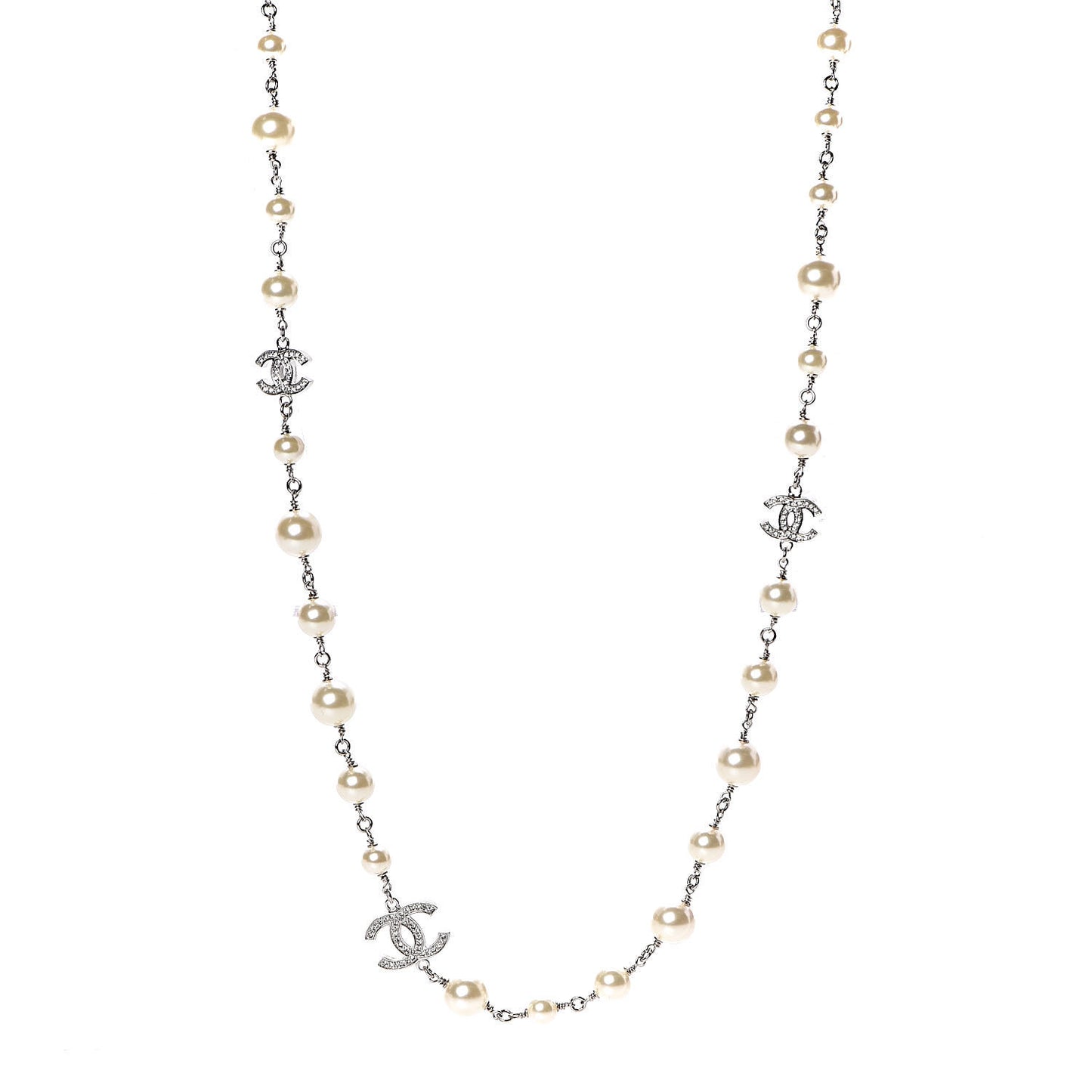 Graduated Pearl Crystal CC Long Necklace Silver