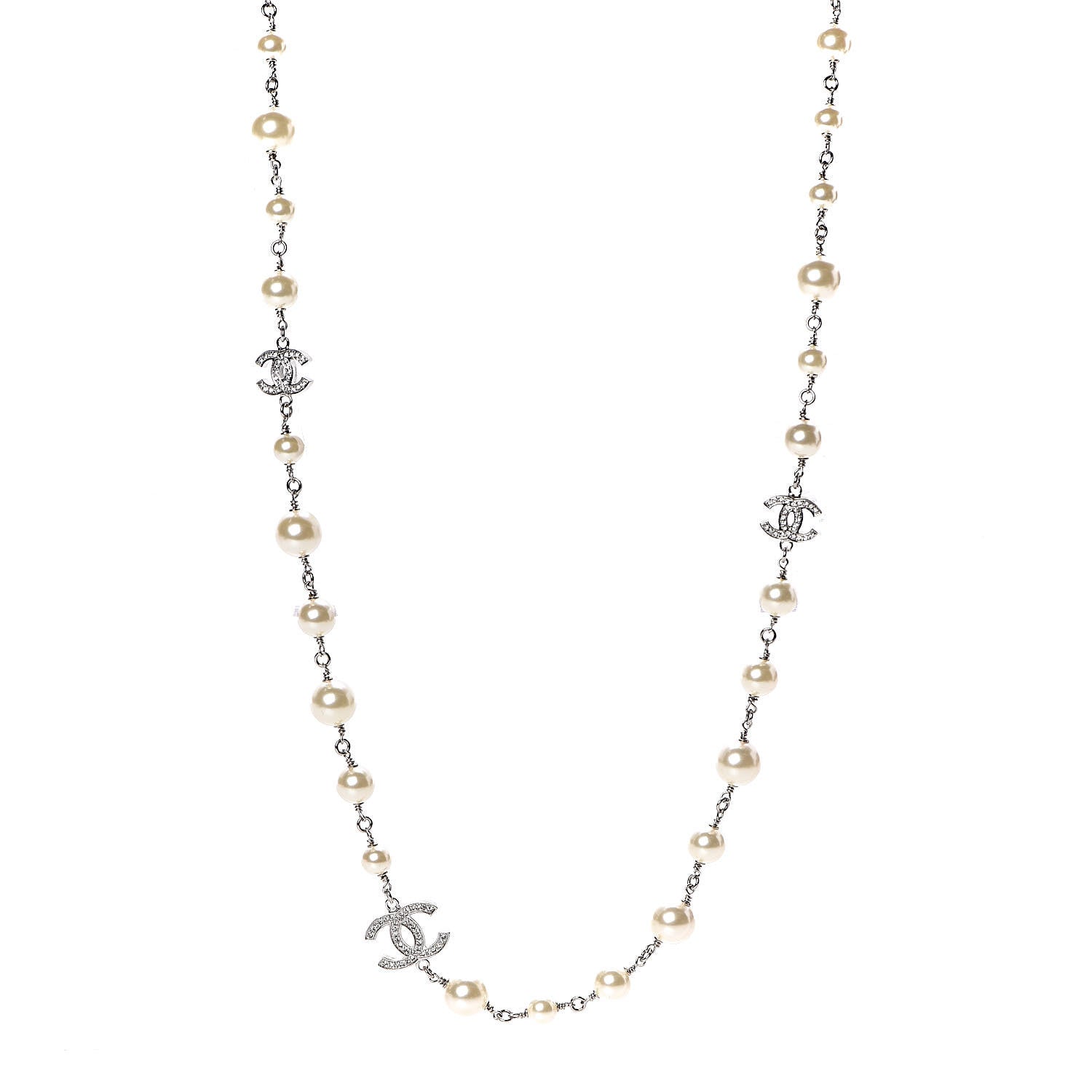 Chanel Graduated Pearl Crystal CC Long Necklace Silver 1 of 5