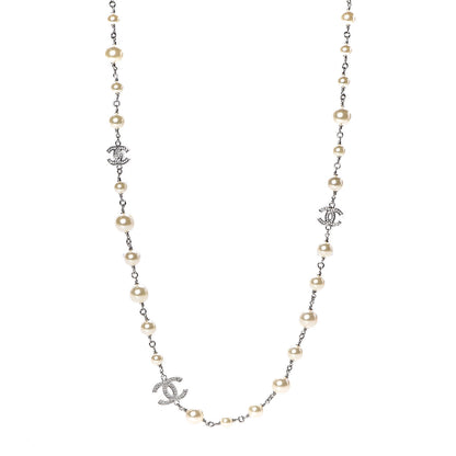 Chanel Graduated Pearl Crystal CC Long Necklace Silver 1 of 5