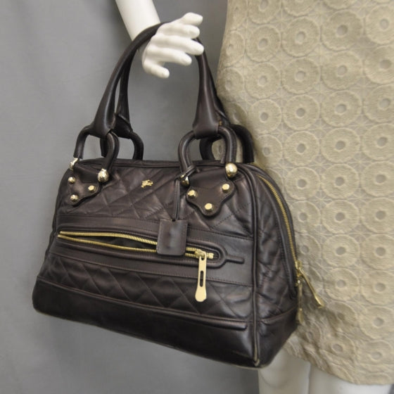 Leather Quilted Satchel Dark Brown