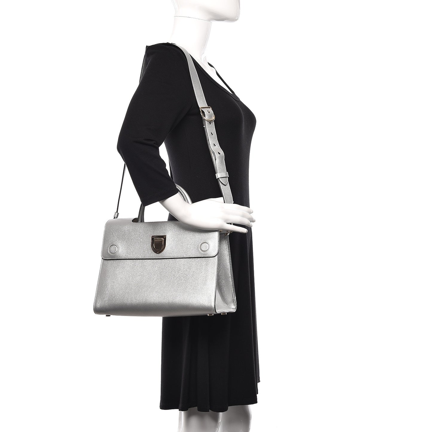 Metallic Grained Calfskin Medium Diorever Flap Silver