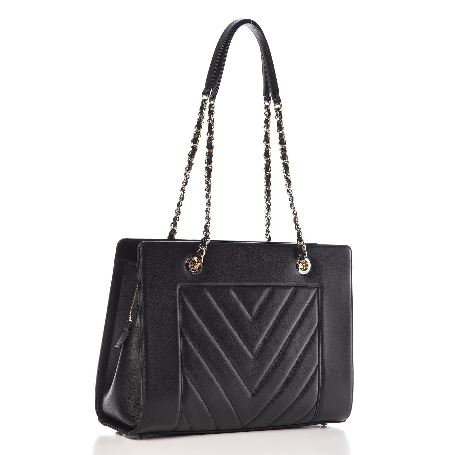 Chanel Sheepskin Chevron Quilted Mademoiselle Vintage Shopping Tote Black 3 of 14