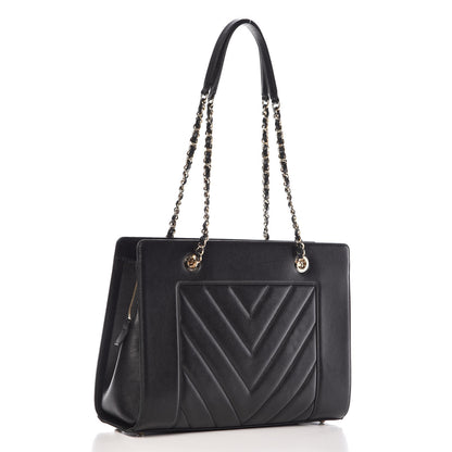 Chanel Sheepskin Chevron Quilted Mademoiselle Vintage Shopping Tote Black 3 of 14