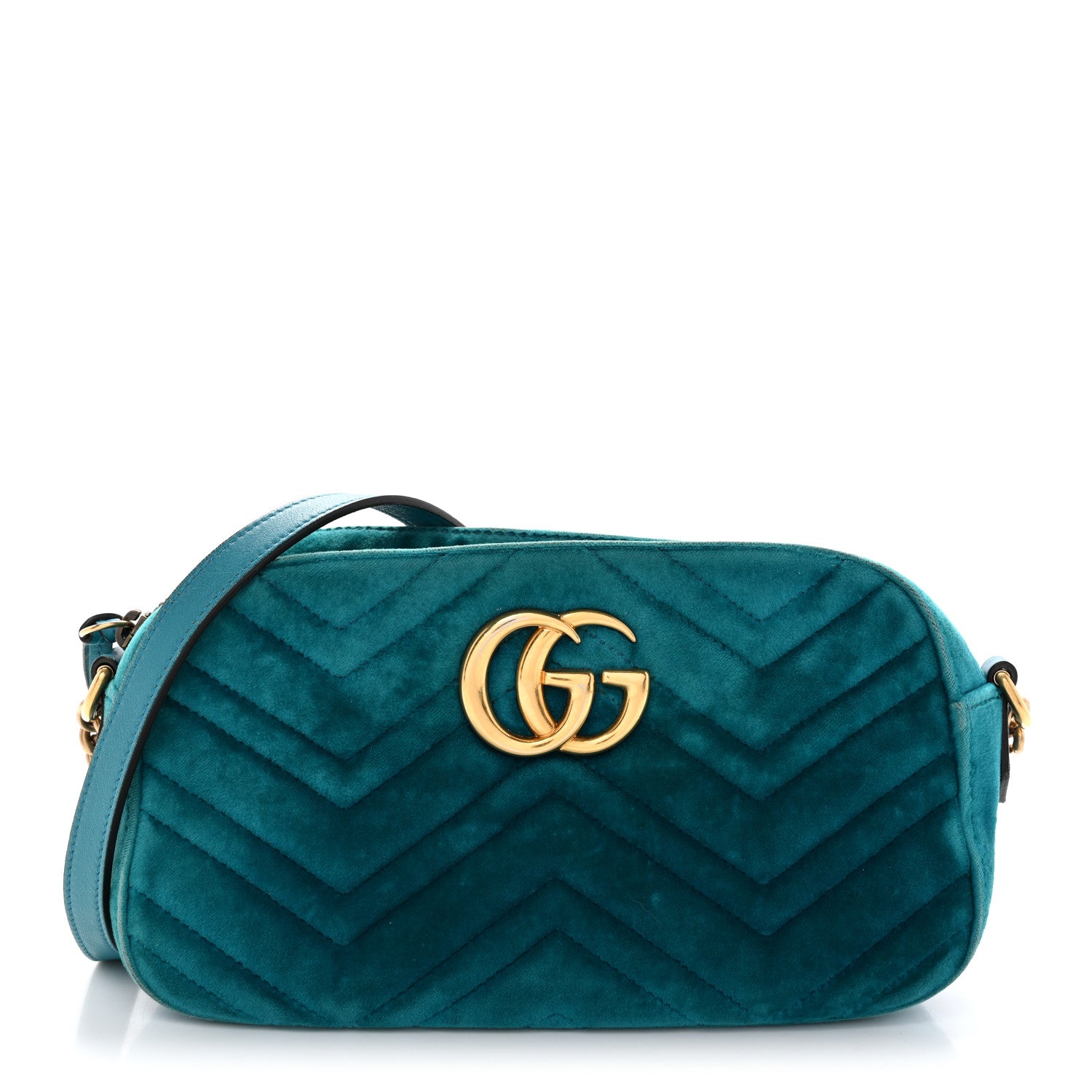 Gucci Velvet Matelasse Small GG Marmont Chain Shoulder Bag Pavone Cyan 1 of 14
