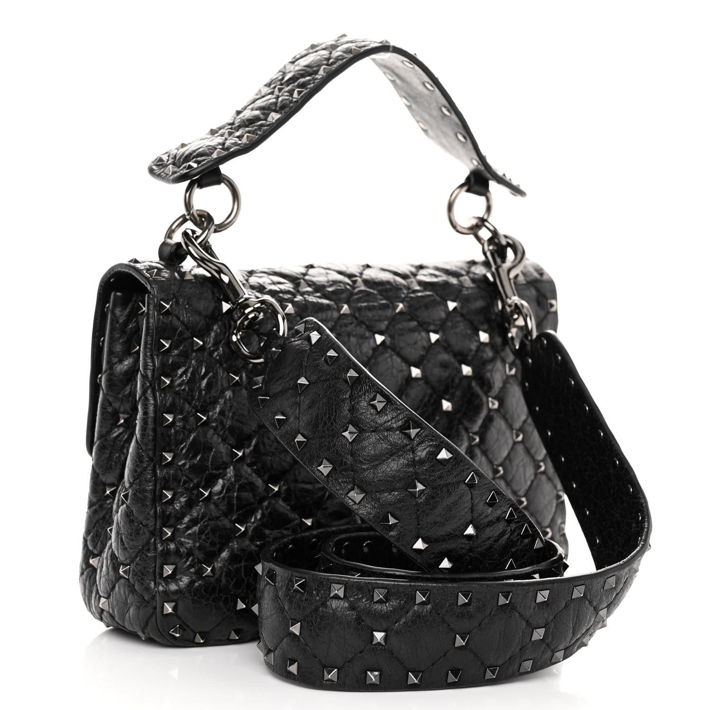 Craquele Nappa Medium Rockstud Spike Shoulder Bag Black